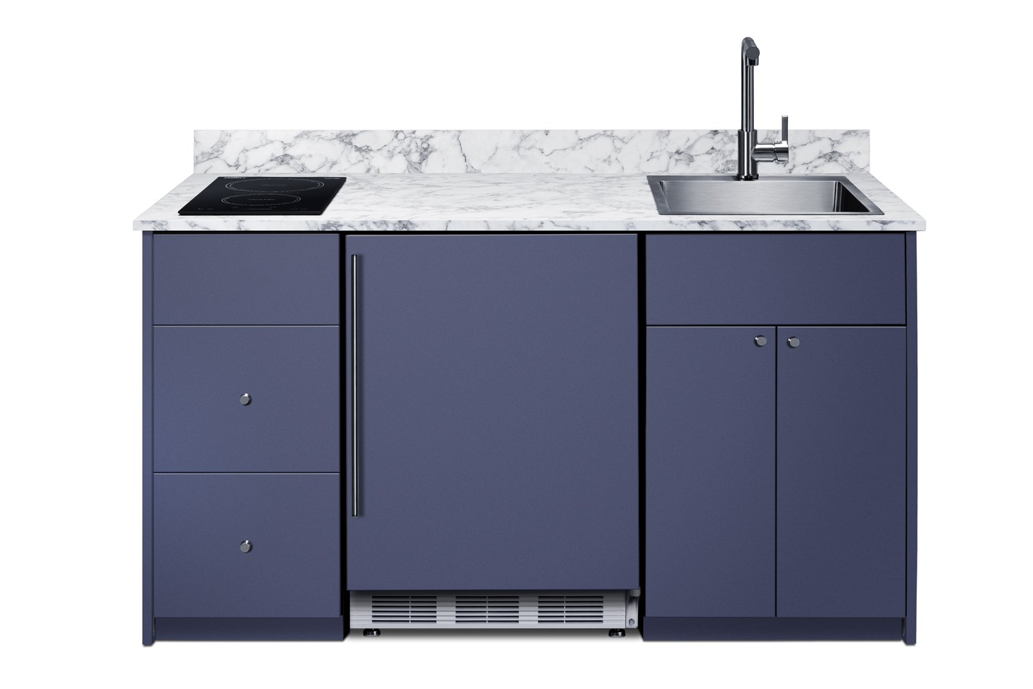 ADA height Turnkey Caldera Kitchen featuring pre-assembled cabinetry and countertop in a modern midnight navy finish, complete with ENERGY STAR certified refrigerator-freezer, ENERGY STAR certified 115V induction cooktop, storage drawers, and sink with faucet; ships in two boxes on one pallet